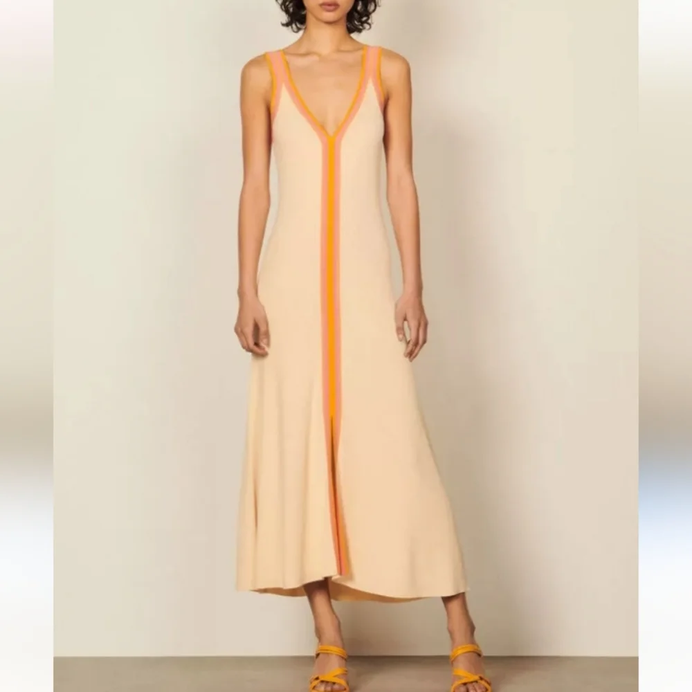 Sandro Piana V Neck Ribbed Midi Dress Ecru Orange Boarder Stripe 42 - Picture 16 of 16